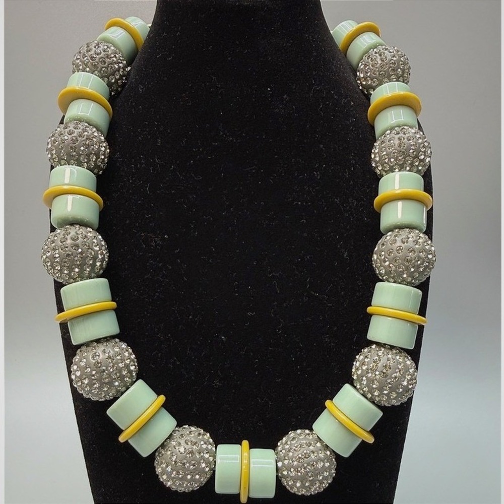 J Crew Chunky Rhinestone Bead Necklace 19" Gray Blue Yellow Chic Statement Rare